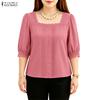 Women Casual Lace Splice Square Collar 3/4 Sleeve Blouse