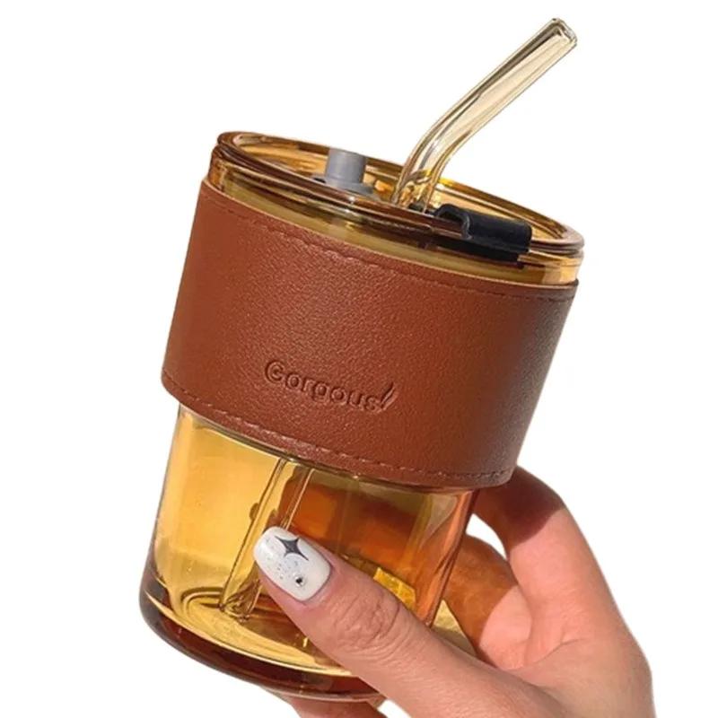 400ml with Lid Water Bottle Double Drinking Mouth with Straw New Creative Transparent Coffee Glass with Straw Coffee Mug Beer