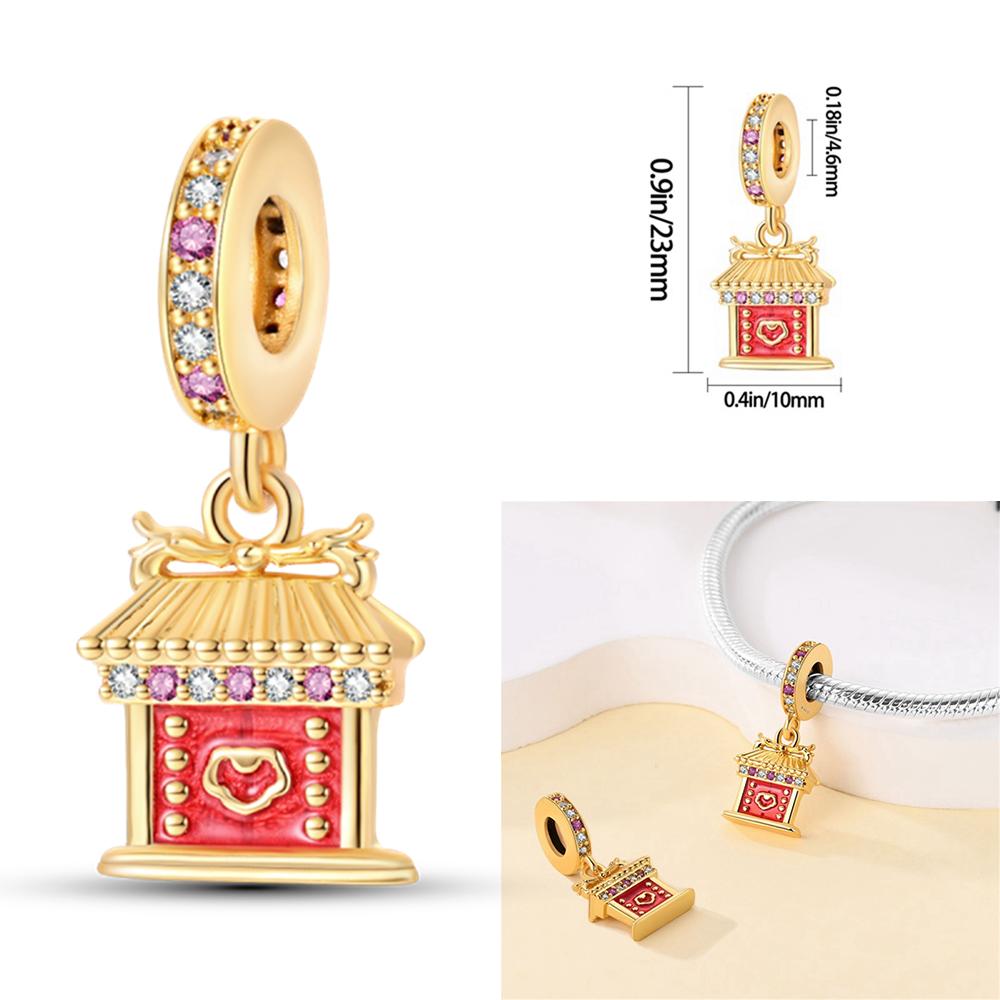 Brand New Chinese Style Series Copper Metal Red Lantern Lucky Cat Charm Bead Components Compatible With Authentic Original Bangle Charm Bead