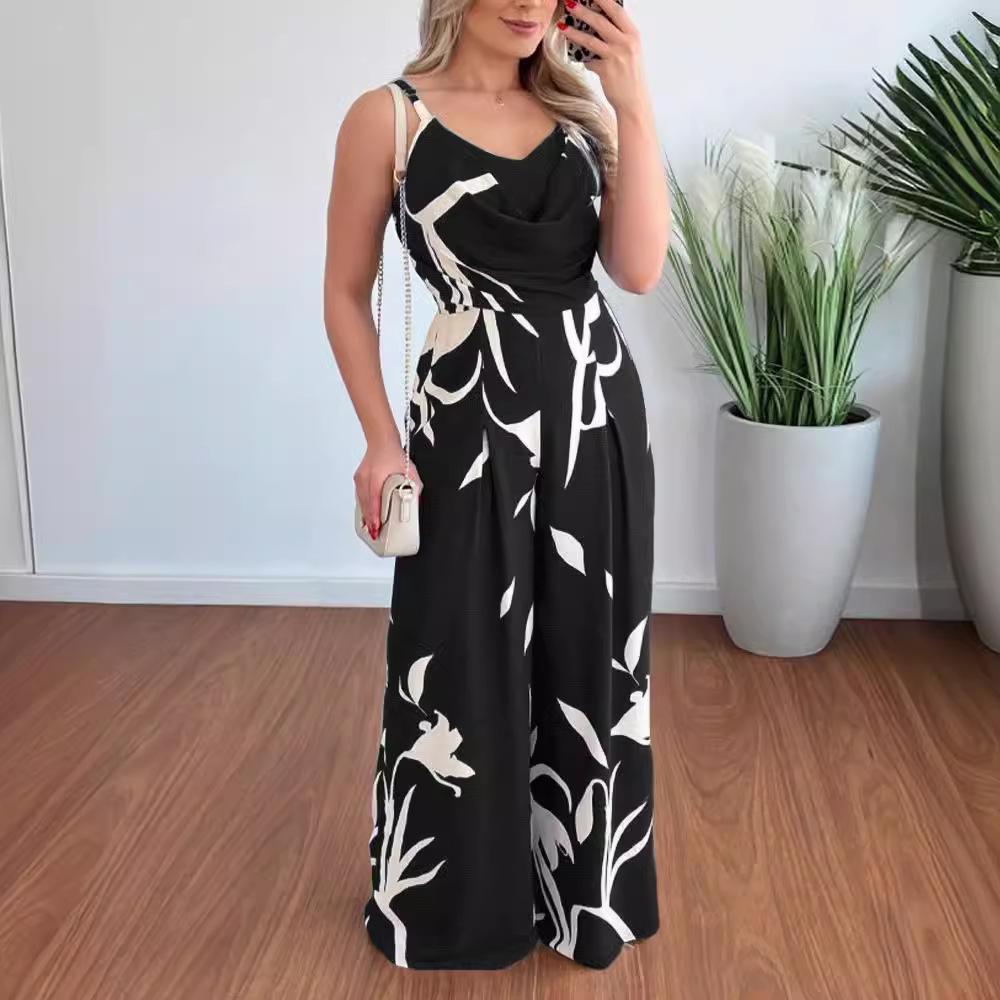 Women s Sleeveless Suspender High Waist Printed Full Length Women s Summer Jumpsuit S чёрный