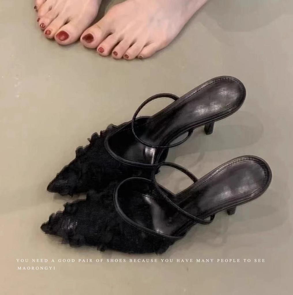 Ladies Flower Mesh Open Heel Sandals Shoes Sexy Designer High Heel Pointed Toe Stiletto Pumps Mules Women Sandals