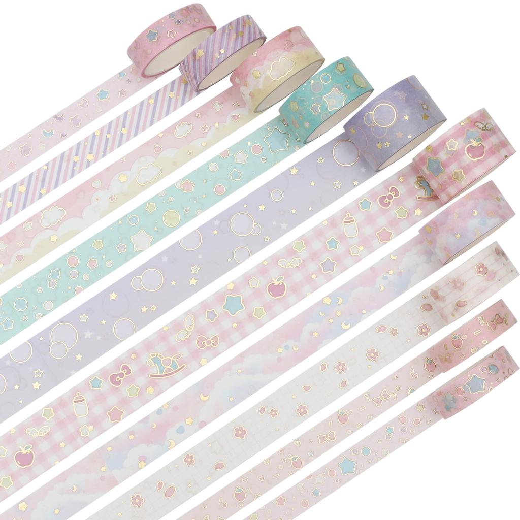 YUBX Masking Set of Creative Washi Tape with Gold Foil Perfect for DIY Gift and Gift Decoration Tape, 10, Stamping, Crafts, Journals, Planners,