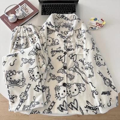 Cartoon Winter Fleece Cardigan & Coral Fleece Pajamas Set - Women's Long Sleeve, Long Pants Homewear