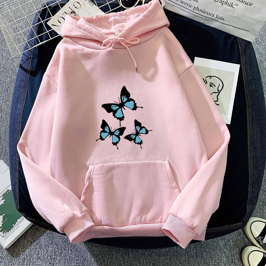 Autumn and Winter Black and Blue Butterfly Print Hoodie Sweatshirt for Men and Women Couples Korean Style Trendy Tops