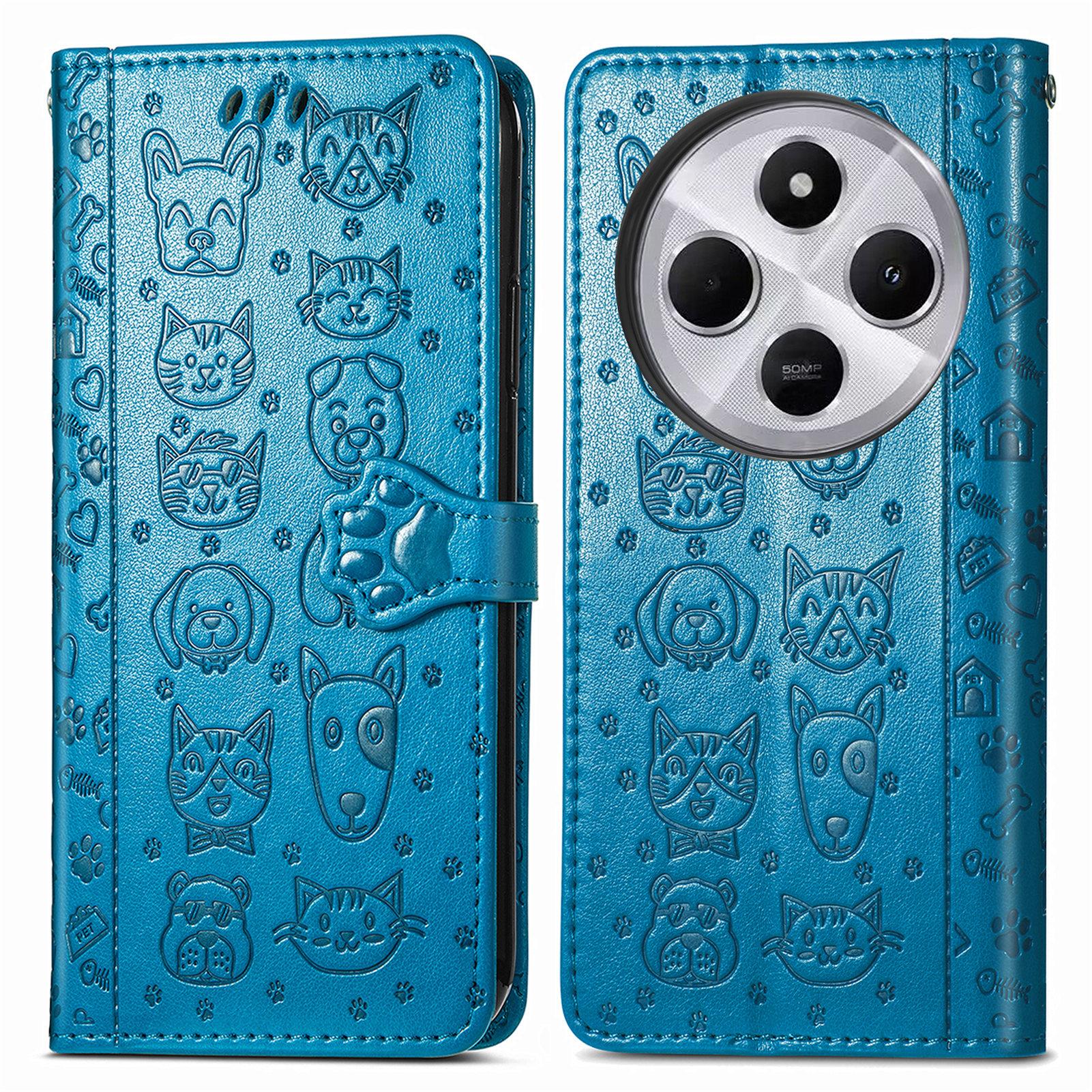 

Leather Phone Case For Xiaomi Redmi 14C 4G/14R 5G/Poco C75 4G Wallet Flip Phone Cover Cute Cat Dog Pattern Blue