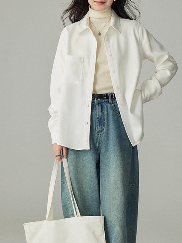 Milk White Brushed Long-Sleeve Women's Shirt – Professional Commuting & Interview Wear, Autumn/Winter Layering, Thickened Inner Wear