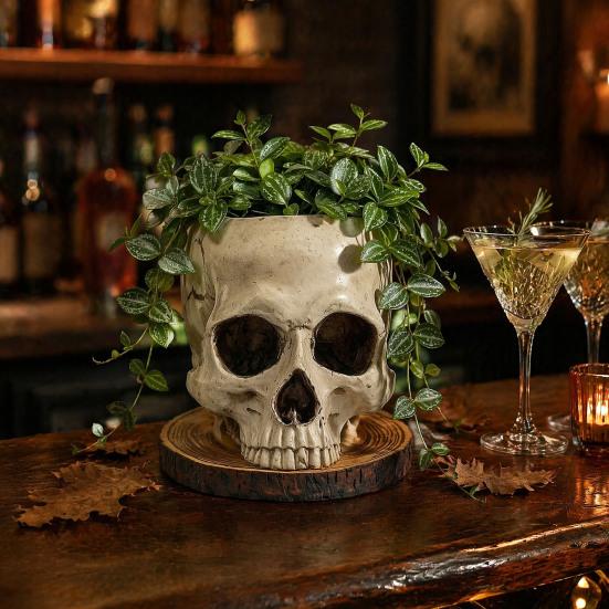 Decorative Resin Ornament Halloween Retro Skull Planter, Spooky Gothic Human Head Flower Pot, Indoor Potted Plant Pot Skeleton Candy Bowl Decoration