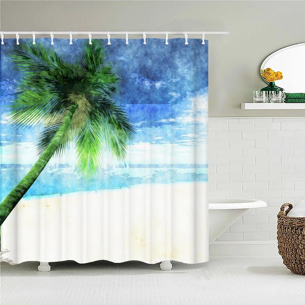 Waterproof Shower Curtain For Bathroom Sunny Sea Beach landscape Print Bathtub Curtains Polyester Bathroom Curtain with 12 Hooks