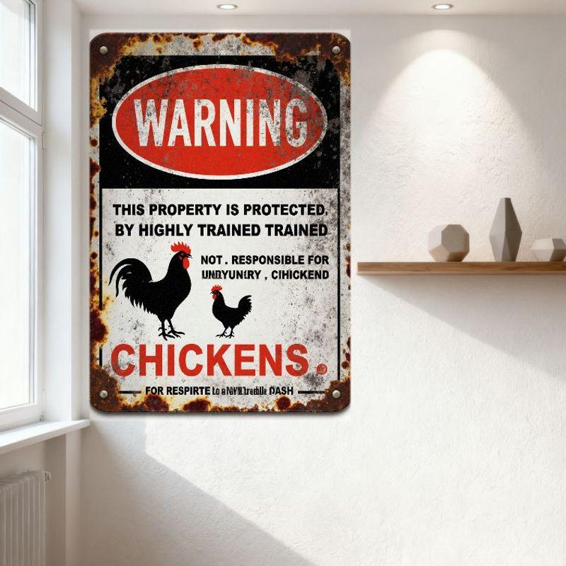 Vintage Weathered Metal Sign Rusty Warning 'CHICKENS' with Rusted Edges, Black & White Background, Rooster/Hen Illustration, Typ