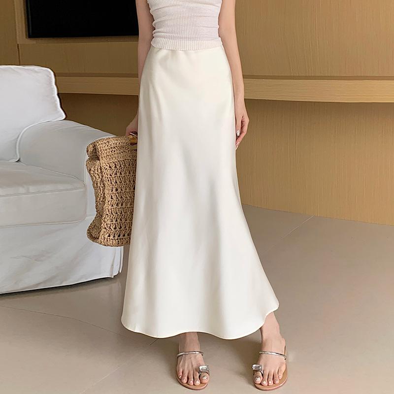Women's Spring Summer High-Waisted Slimming Mid-Length Satin Bodycon Mermaid Hem Long Skirt with Drapey Fabric