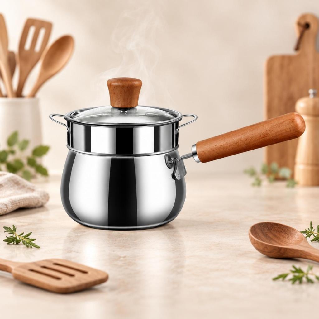 Stainless Steel Milk Saucepan Even Heating Pan with Wooden Handle Uncoated
