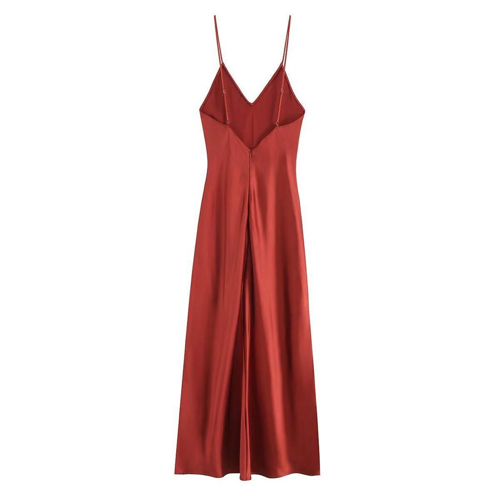 TAOP&ZA Women's Spring/Summer Elegant Silk Satin Backless V-Neck Spaghetti Strap Dress