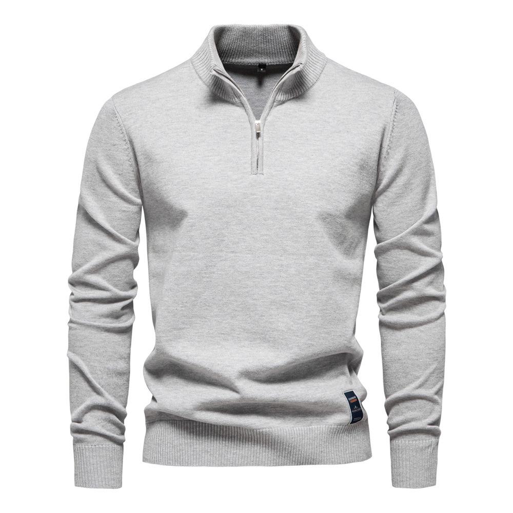 2024 Men's Pure Cotton Stand Collar Zipper Sweater - Half-Slim Solid Color Knitwear