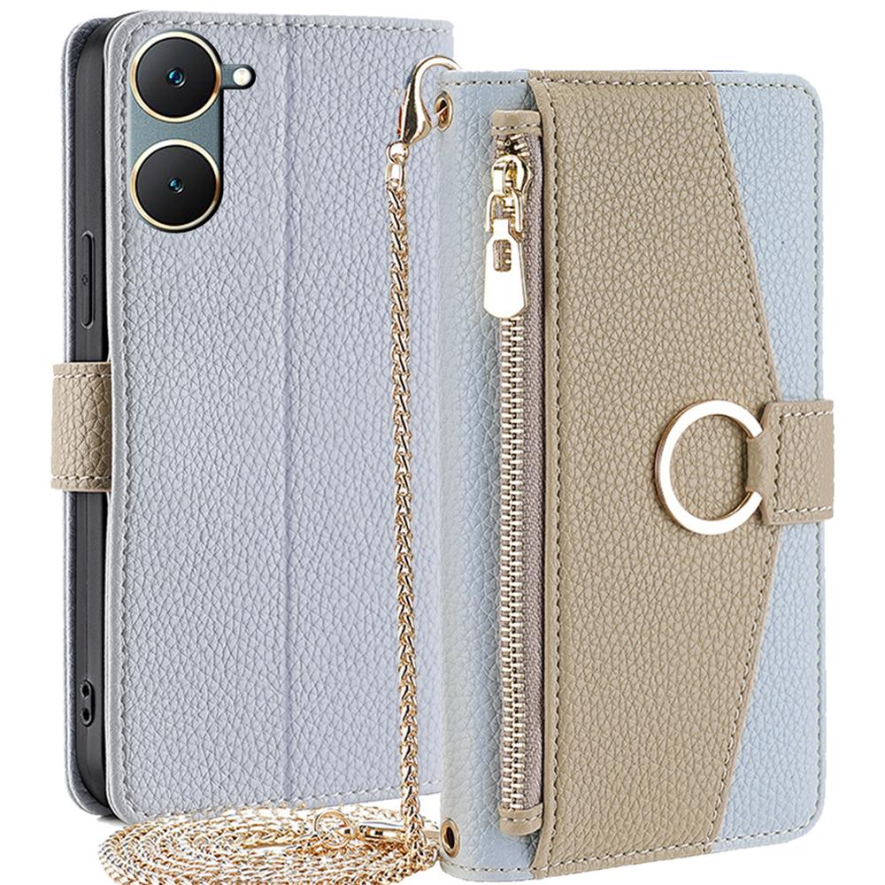 

For vivo Y03 Case Makeup Mirror PU Leather+TPU Phone Cover with Chain Shoulder Strap Blue