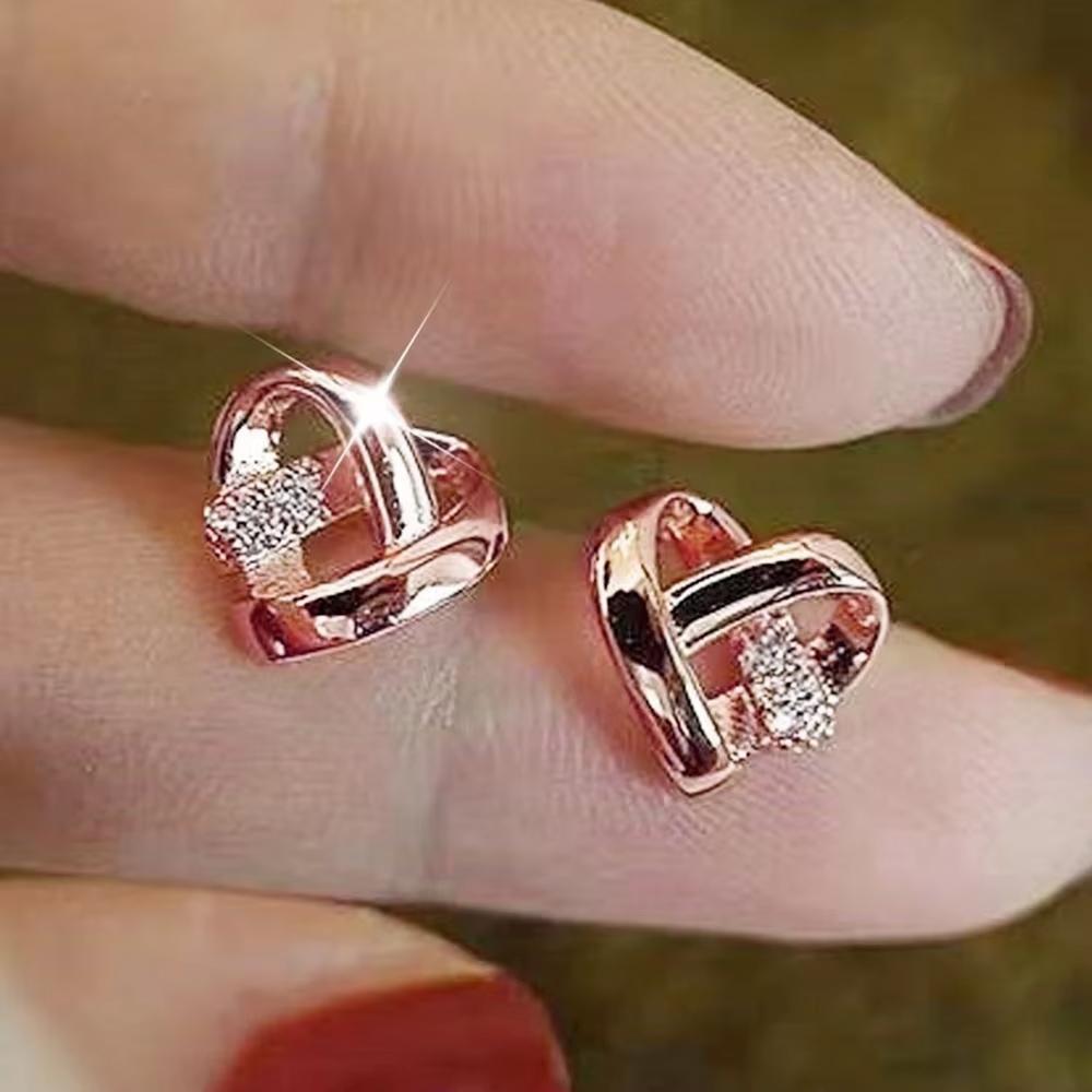 Huitan Eternity Love Earrings Ear Stud Piercing Copper Color/Gold Color Fashion Heart Earrings for Women Chic Wedding Zircon