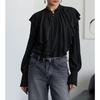 Women Elegant Ruffle Loose Solid Black Chiffon Long Sleeve Blouse