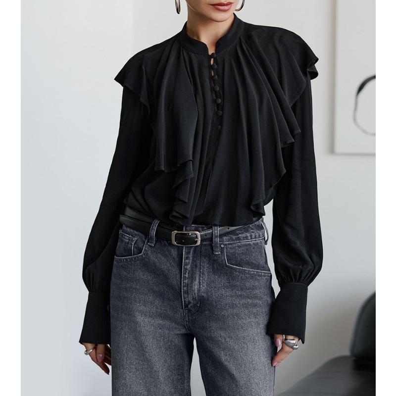 Women Elegant Ruffle Loose Solid Black Chiffon Long Sleeve Blouse