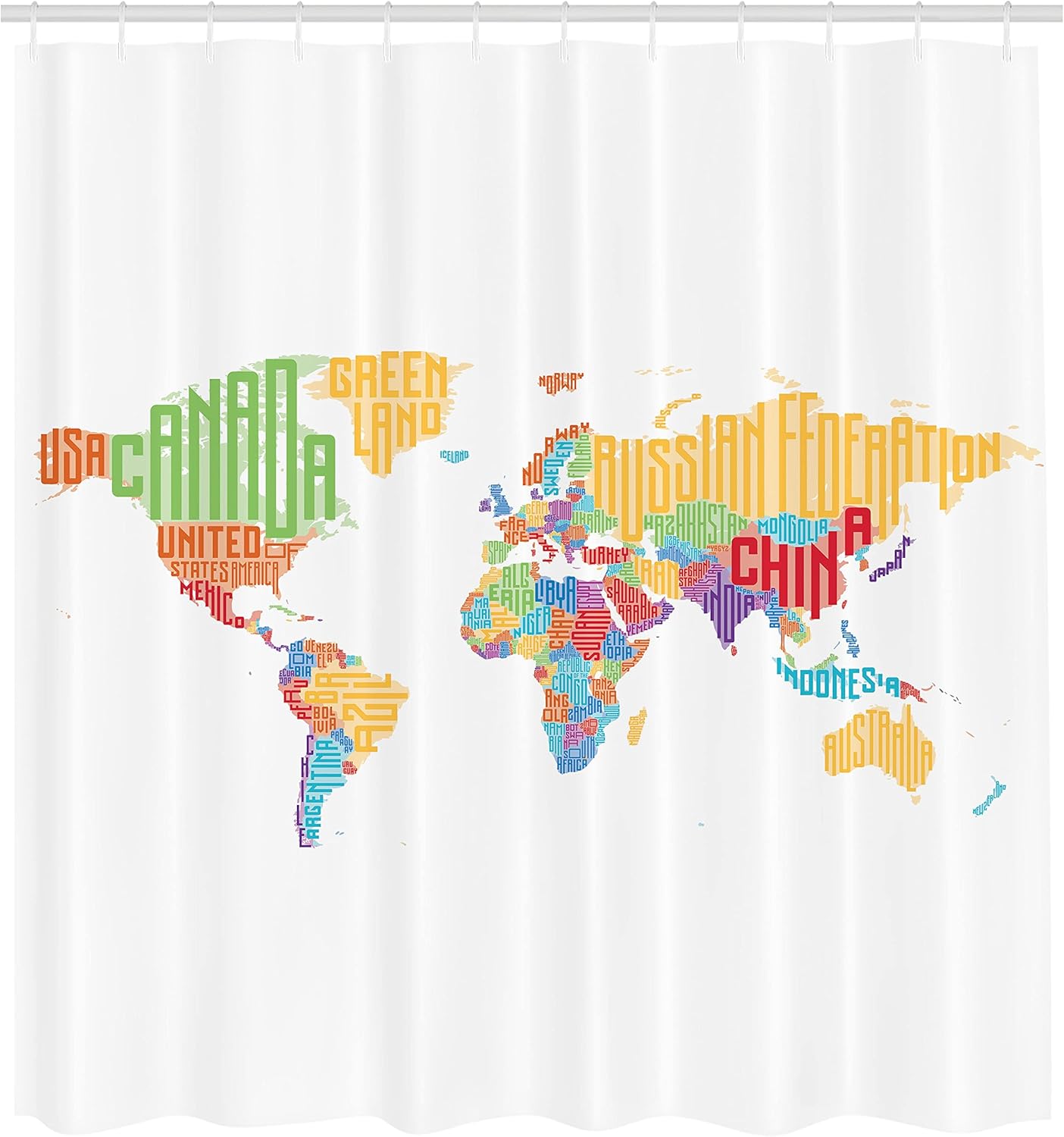 

World Map Shower Curtain with Hooks – Colorful Countries Print, Global Travel Art in Red Orange, Educational Bathroom Decor 90x180cm35x71in