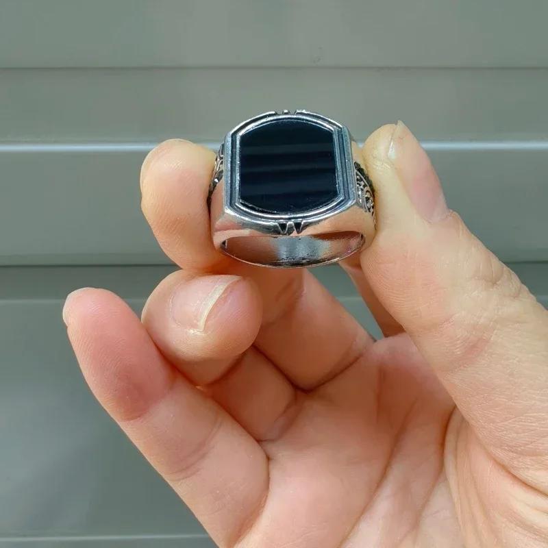 New European and American Vintage Carved Totem Pattern Wide Edge Square Zircon Men's Ring