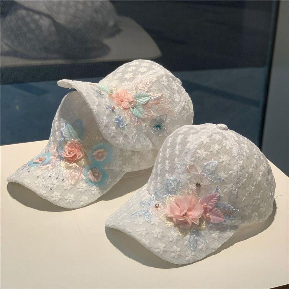 New Summer Lace Baseball Cap Embroidered Flowers Mesh Duck Tongue Hat Breathable Sunscreen Sunshade Hat for Women Girls