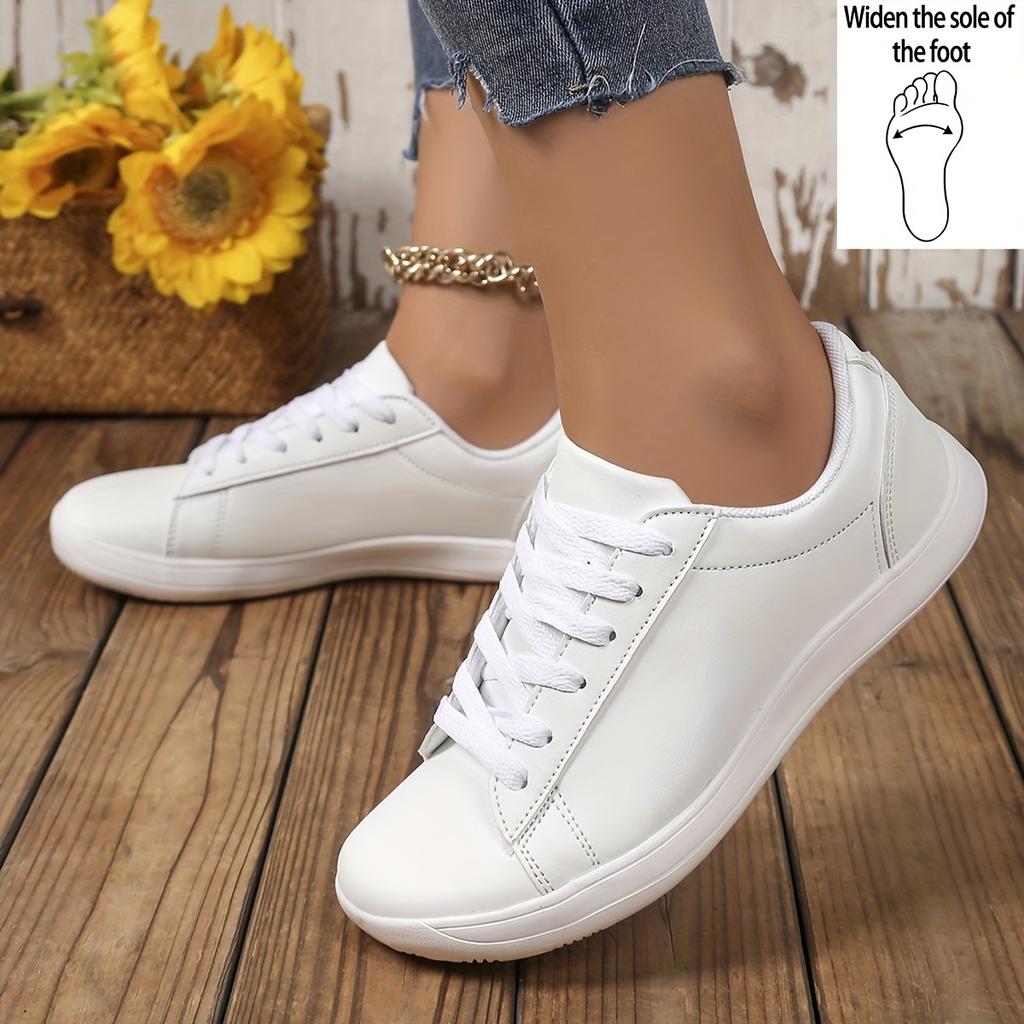 Women's Wide-Fit Sneakers - White Faux Cover Low-Top Lace-Up Shoes with Comfortable EVA Sole, Breathable Fabric Lining for All-Day Support