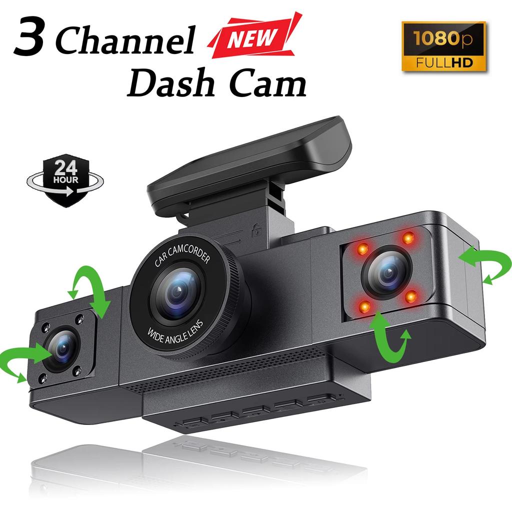 New 3 Channel Dash Cam Video Recorder Three Lens Front Back Left Car Camera with Rear View DVR 1080P Monitor Black Box Car Accessories