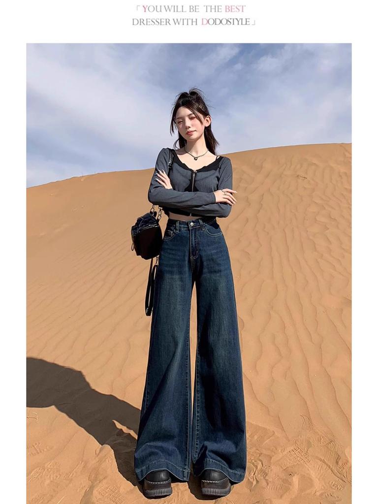Women's High Waist Black Flared Jeans with Velvet, Wide-Leg, Floor-Length, Perfect for Spring and Autumn