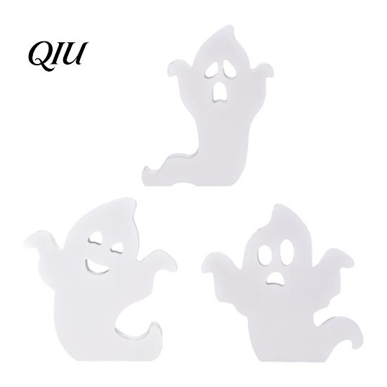 Rustic Wood Ghost Ornament Cute Halloween Wooden Table Sign, Spooky White Standing Decor Block Sign for Holiday Tiered Tray Centerpiece, Indoor