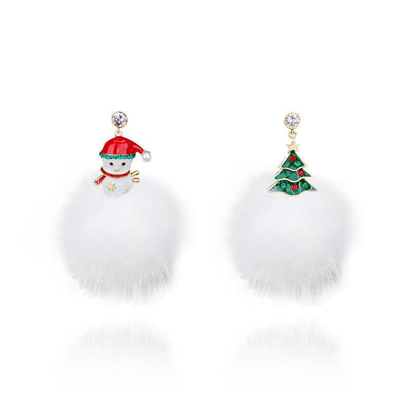 Korean S925 Silver Christmas Earrings: Asymmetrical Drip Oil with Diamonds, Snowman & Tree Pompon Studs.
