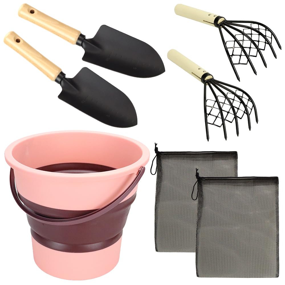 Family Clam Digging Set: Clam Digging Kit (for catching clamsmusselshard clams), Foldable Bucket, Net Bag (Pink)