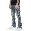 New Retro Cargo Jeans Men Stretchy Ripped Washed Y2k Pants Straight Leg Male's Patched Denim Trousers 2025 Spring Autumn