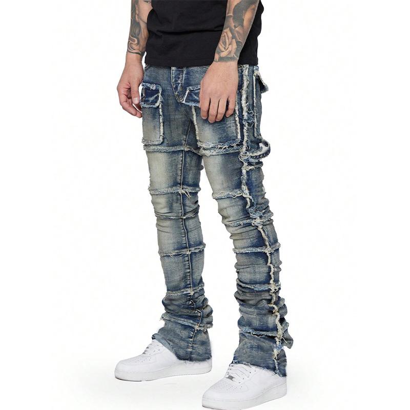 New Retro Cargo Jeans Men Stretchy Ripped Washed Y2k Pants Straight Leg Male's Patched Denim Trousers 2025 Spring Autumn