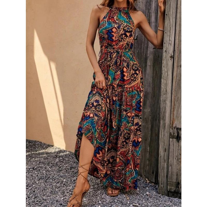 Jarní léto dámské šaty s potiskem Vintage bohémské šaty s visícím krkem Šaty bez rukávů