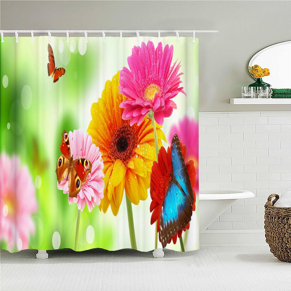 Rideau de douche Fleurs Roses Tulipes Colorées Arbres Rideaux de Salle de Bain Nature Fleur Tissu Polyester Imperméable Écran Baignoire Décor