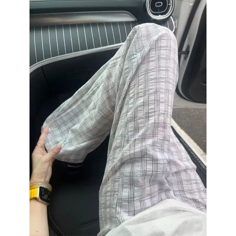 Lazy Wind Contrasting Color Plaid Loose Straight Wide-leg Casual Pants Male Alphabet Waist Home Wear Dual-purpose Trousers