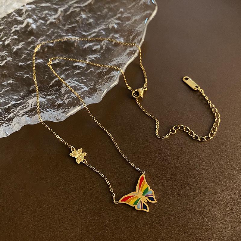 Colorful Butterfly Pendant Necklace, Women's Versatile Titanium Steel Accessory
