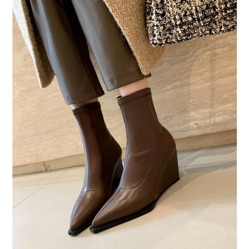Botines de Punta Nueva para Mujer Moda Elegantes Zapatos de Piel Genuina Tacón Grueso de 7CM Botines Cortos de Mujer Zapatos de Cuña