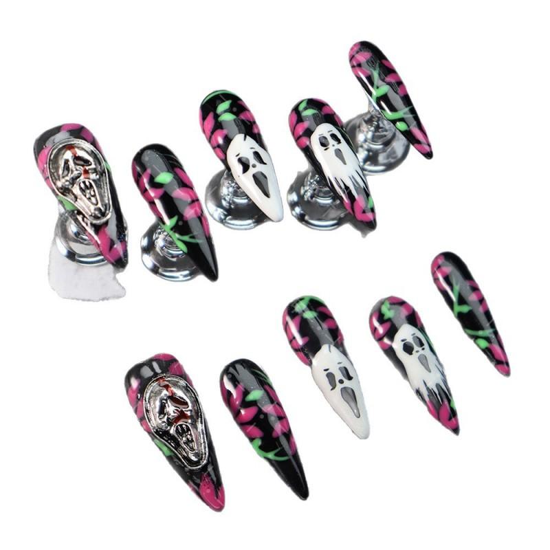 Press On Nails Women Ins Style Halloween Ghost Face Green Vine Red Leaf Dark Horror Design Acrylic False