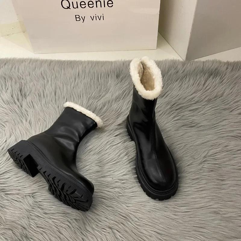 Fashion Ladies Shoes 2024 High Quality Back Zip Women's Boots Fashion Round Toe Modern Boots Women Winter Plus Velvet Mid-Calf Boots