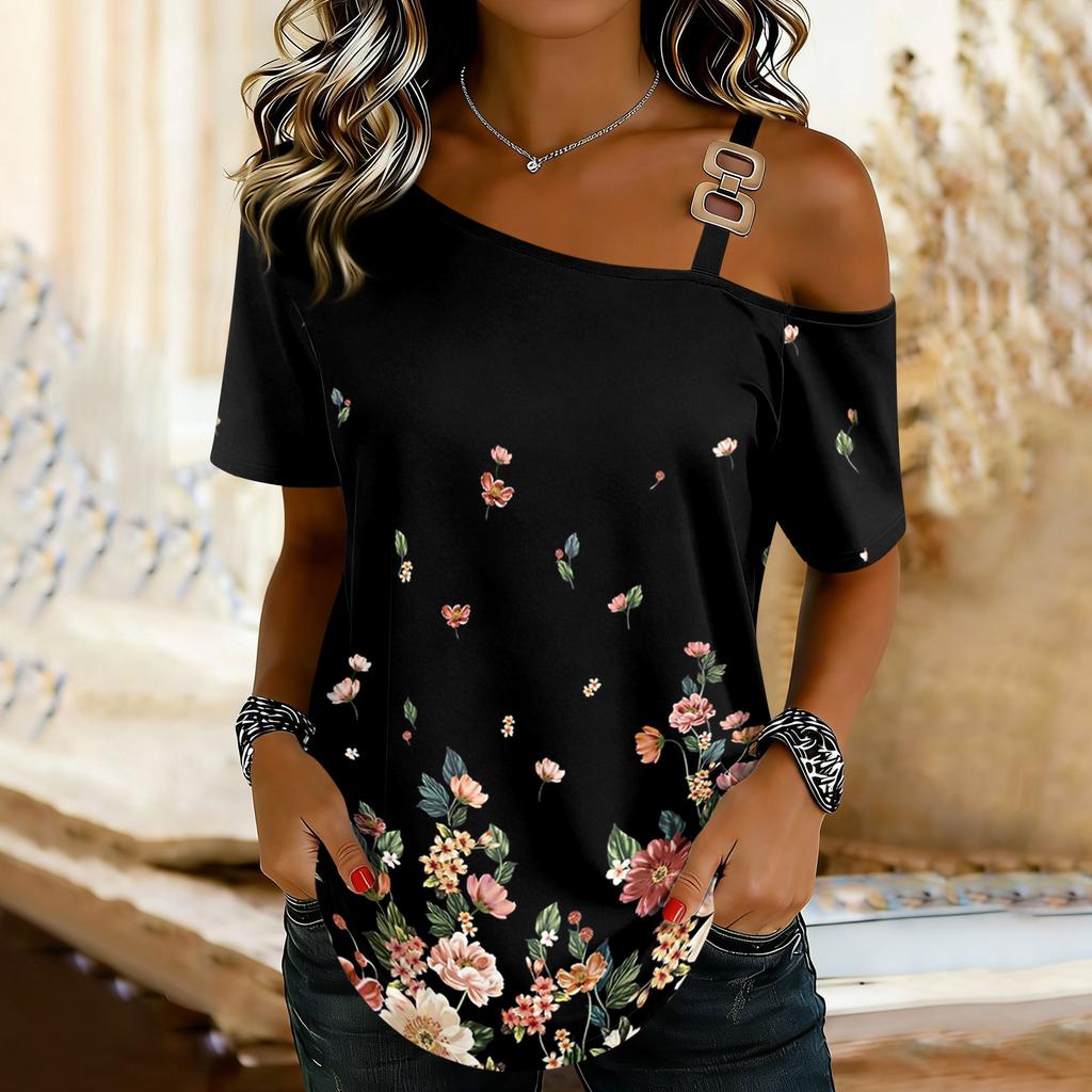 Women's Fashion Casual Print Sexy Off-the-shoulder Short Sleeve T-shirt Top