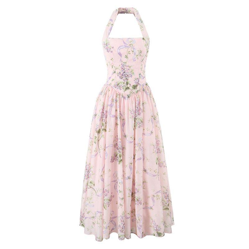 

Flower Sea Story House Same Style French style Romantic Sweet Floral Hanging Neck Backless Strap Split Sling Dress Flower Sea Story L