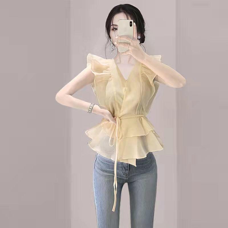 

Женская летняя дизайнерская рубашка из шифона, темпераментный топ с V-образным вырезом XXS жёлтый
