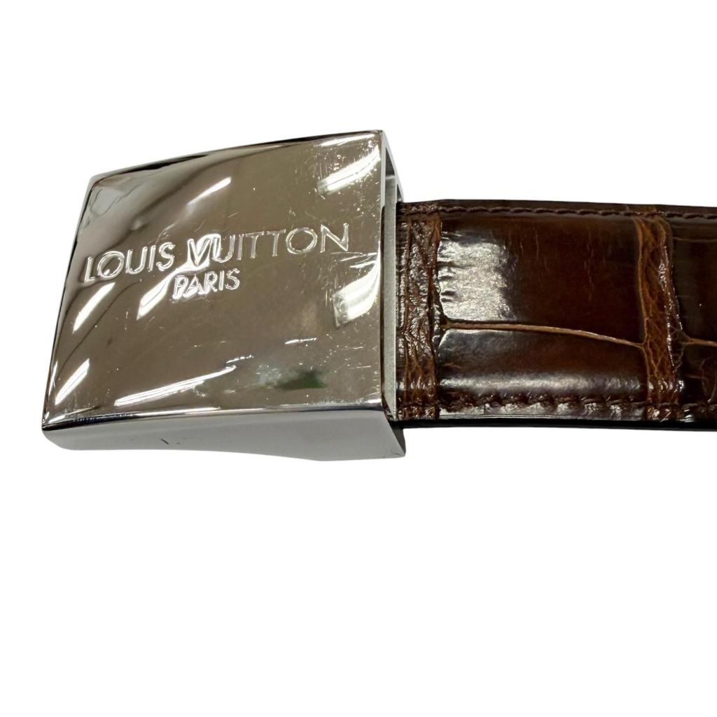 Great LOUIS VUITTON belt Ceinture Silver Logo Buckle Brown alligator mens Used