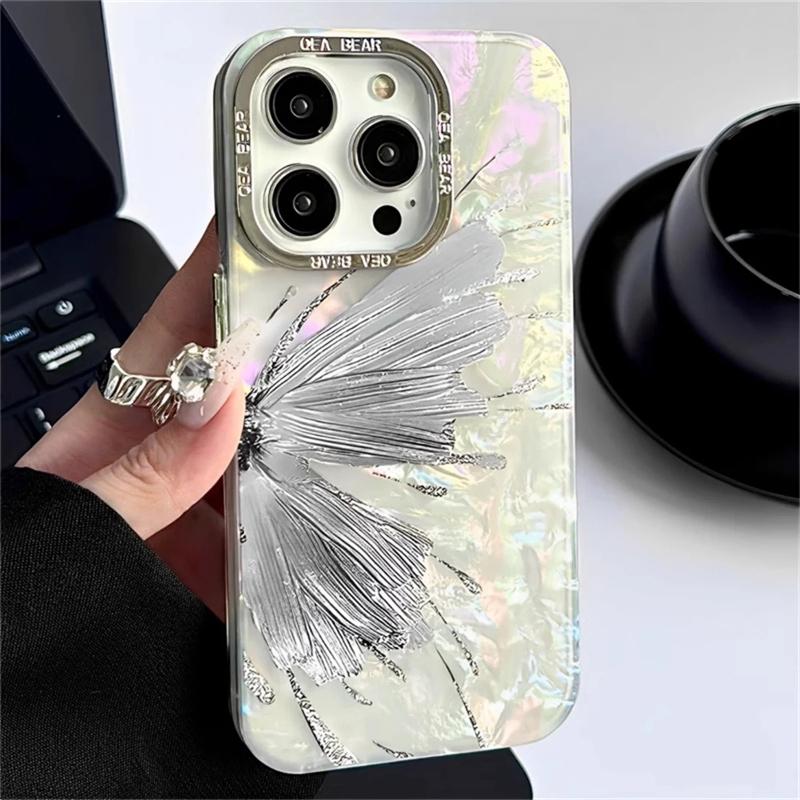 Koreansk Luksus Plating Glitter Butterfly Shell Mønster Telefonveske For iPhone 15 14 13 12 Pro Max 11 Lens Protective Bumper Cover