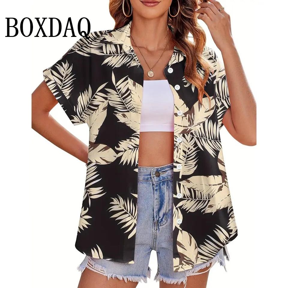 Summer Blouses Vintage Floral Print Short Sleeve Shirts For Women Casual Beach Hawaiian Vacation Lapel Shirt For Women Clothing