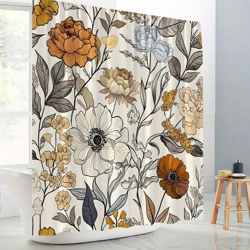 ~O~Retro Floral Shower Curtain - Bohemian Style, Polyester, 70.8x70.8In, Includes Hooks, Bathtub & Bathroom Decor