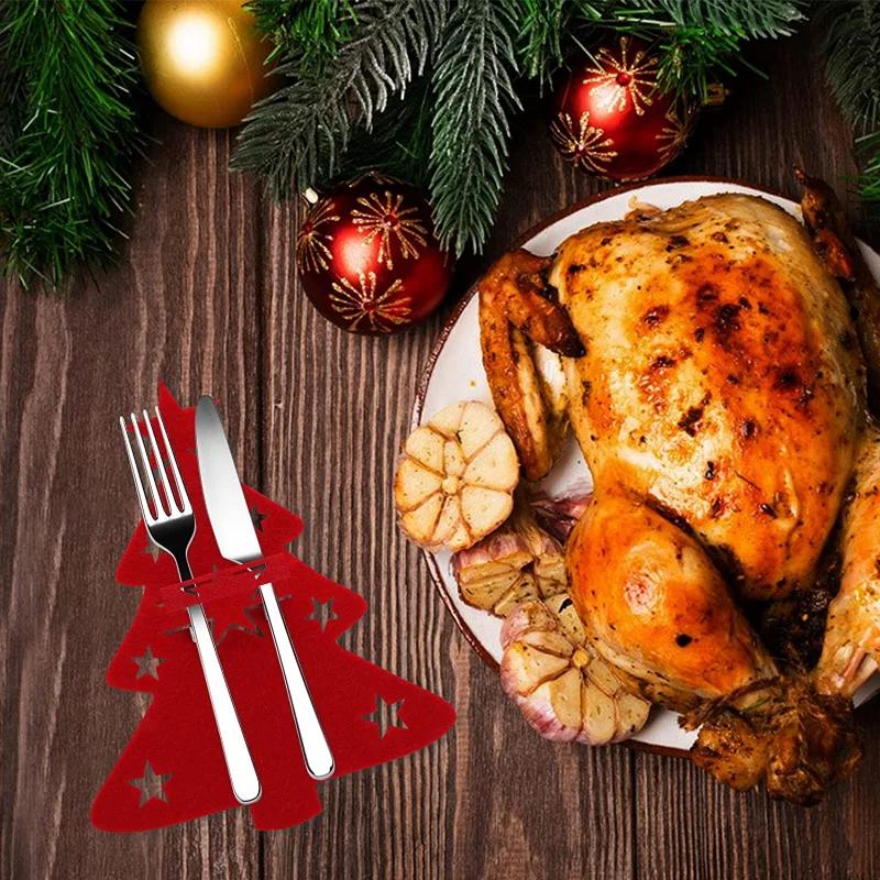 Star Tree Elk Design Cutlery Holder Christmas Knife Fork Pocket Bag Utensil Cover for Holiday Table Decoration