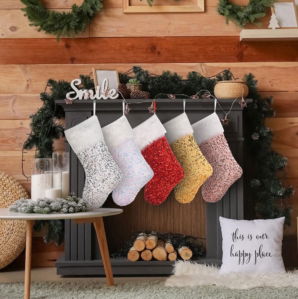 Sequins Plush Christmas Socks with Lanyard Portable Christmas Gift Bags Xmas Decoration for Fireplace and Christmas