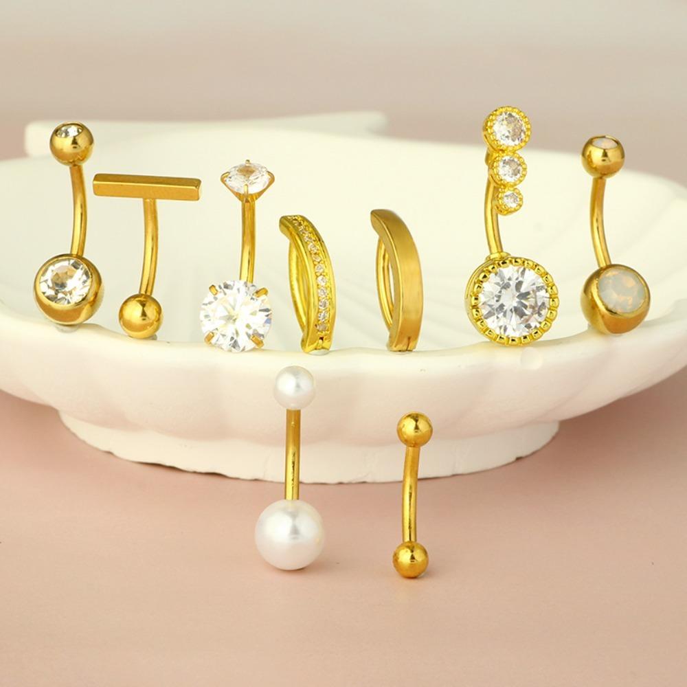 9pcs Set Trendy Classic Arc Double Head Shiny Round Zircon Navel Ring for Women Men Stainless Steel Piercing Body Jewelry Sets