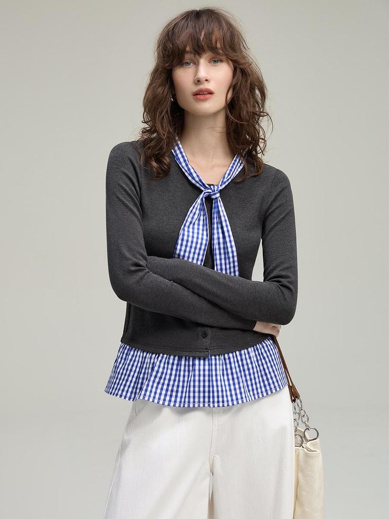 Damen Karo Colorblock Zweiteiliger College-Stil Langarm Strickjacken-Top (2025 Herbstausgabe)